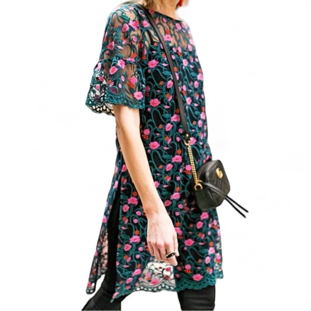 Anthro Moulinette Soeurs Floral Embroidered Lace Mesh Net Sheath Tunic Top